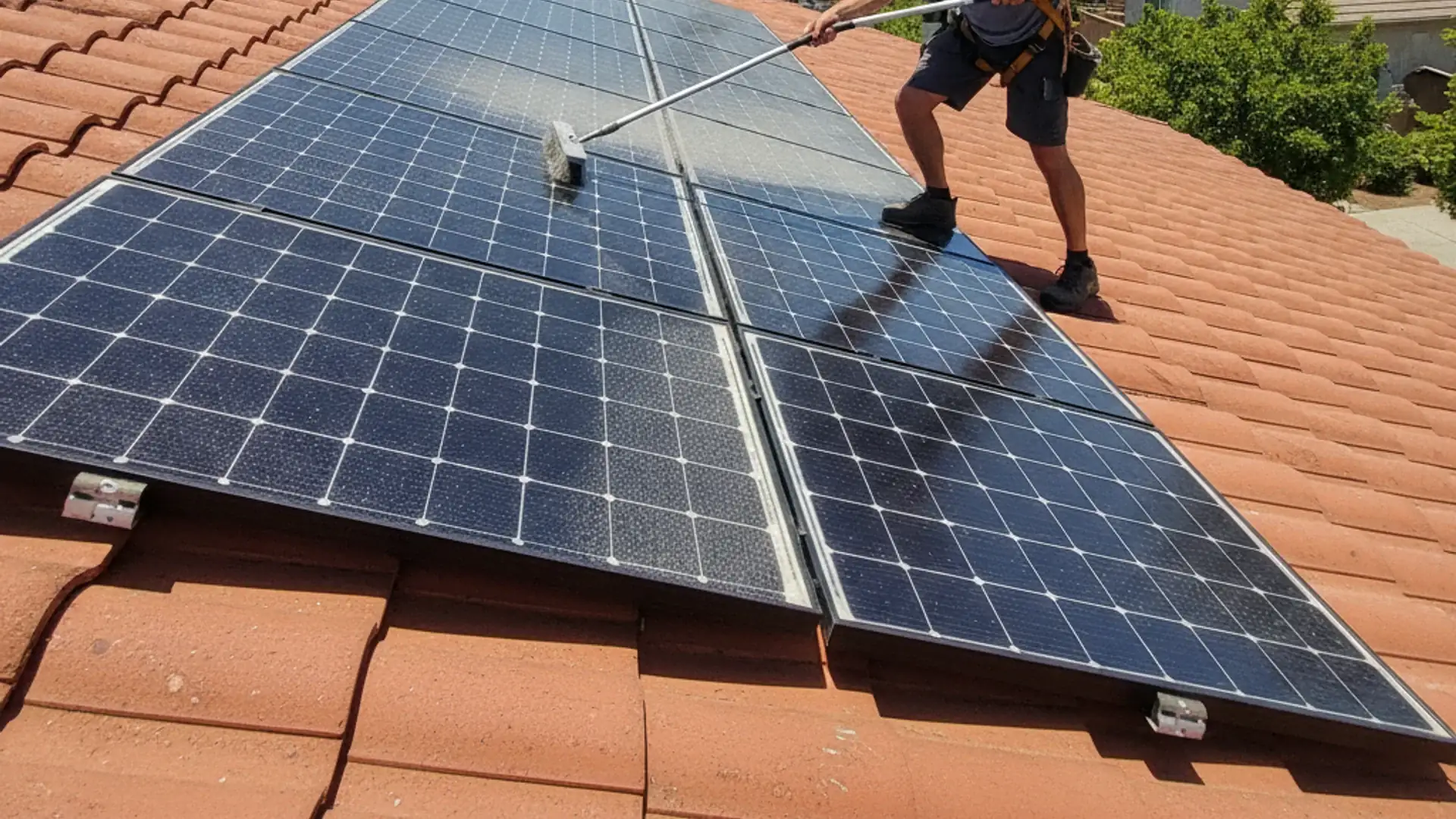 Technician cleaning rooftop solar panels in Sacramento, CA